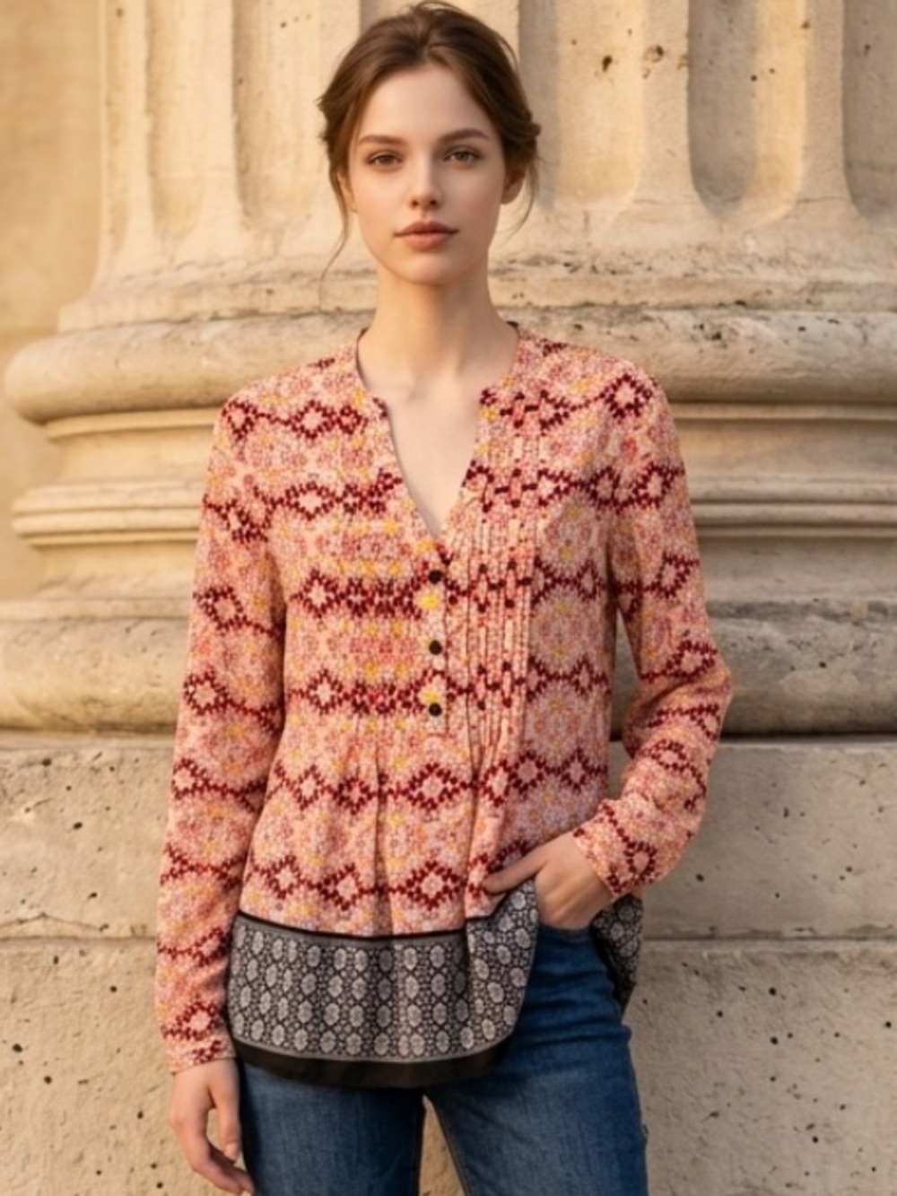 HD IN PARIS Blouse Top Kaveri Henley Boho Pin Tucked Popover